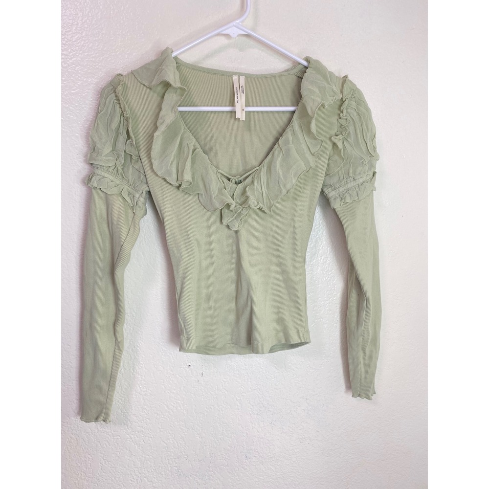 Anthropologie Sage Green Ruffle Trim Ribbed Long Sleeve V Neck Top XS Fairy Boho